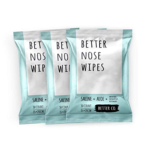 Better Nose Wipes, The Natural Soothing Wet Tissue for Nose + Face + Hands, Saline + Aloe + Menthol + Eucalyptus + Rosemary, 30 Count (Pack of 3)