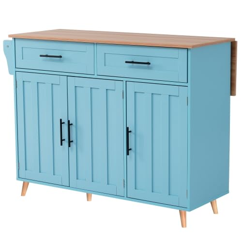 SogesHome Carro de Cocina con Ruedas Mesa de Comedor Islas de Cocina móvil Carrito de Comedor Carrito de Servicio Buffets Aparador con Mesa Plegable 2 cajones 6 Espacios de Almacenamiento con Puertas