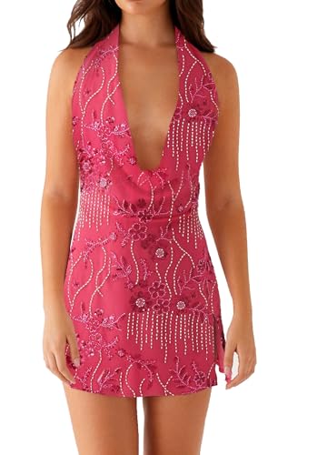 Image of Women Halter Low Neck Mini Dress Sexy Cutout Sleeveless Boho Short Dresses Open Back Night Party Going Out Sundress