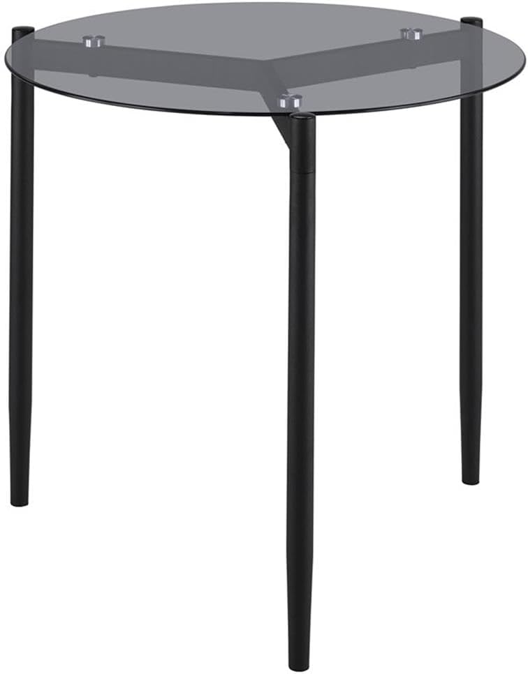 Pemberly Row Round Smoked Glass End Table, Sandy Black Metal Base, Gray Tempered Glass Top, Minimalist Design, 23.75 in H x 23 in W, Modern Living Room or Bedroom Side Table