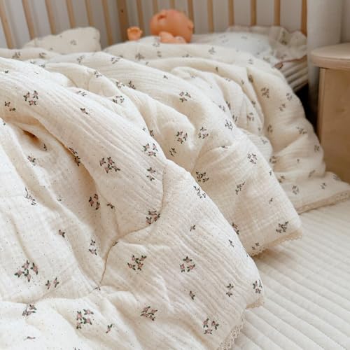 Image of BuLuTu Pink Flower Print Toddler Kids Comforter Muslin Cotton Toddler Blankets for Girls Boys Children Quilt Blanket (No Pillow), Breathable Skin-Friendly, Primrose Pattern, 60 inchx78 inch