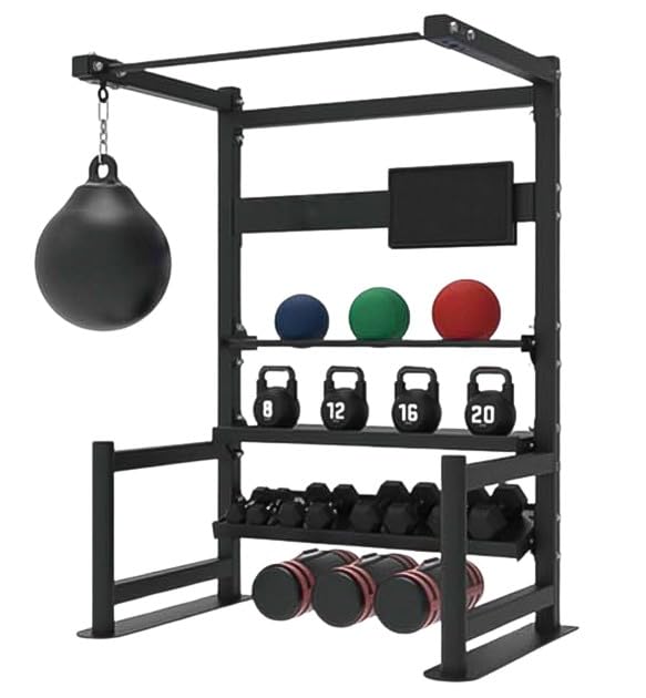 French Fitness 4-Tier Storage Squat Rack with Pull-Up Bar Heavy-Duty Home Gym Rack for Strength Training and Boxing