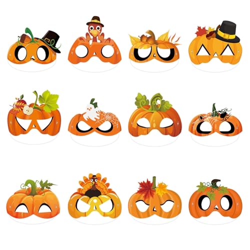 Qpout Lot de 24 masques de citrouille, cadeaux de fête d'automne, décorations de fête d'automne, accessoires photo, masques en papier de Thanksgiving, masques de fête d'automne, masques de citrouille