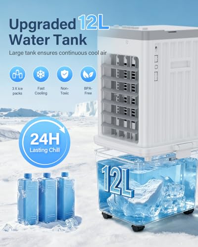 12L Portable Evaporative Air Cooler, Quiet 35dB 70W Energy Saving Fan, 3 Speeds, 120° Oscillation, Rolling Wheels, Space-Saving Cooling for Home Bedroom, Kids & Pet Friendly （Brelo image 4