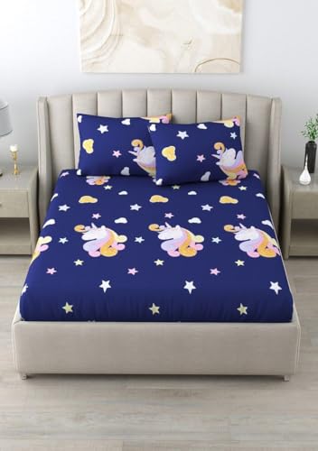 Image of Kids King Size Elastic Fitted Bedsheet for Double Bed with 2 Pillow Covers | 210 TC Cotton | Deep Pocket Fits up to 8 Inch Mattress | Size 78 x 72 Inch | Blue Unicorn Print