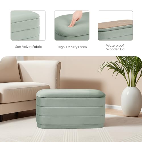Image of 30 inch Velvet Storage Ottoman Bench with Wooden Tray Lid, Folding Large Upholstered Ottoman Footstool for Living Room, Rectangular Padded Foot Rest for Bedroom Living Room Dorm, Sage Green