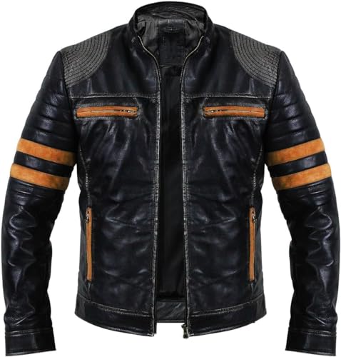 Image of Men's Leather Jacket Cafe Racer Biker Style Retro Stripes, Motorcycle Racing Leather Jacket Men (US, Alpha, Medium, Regular, Regular, S29) Retro Orange Stripes Distressed Black Jacket