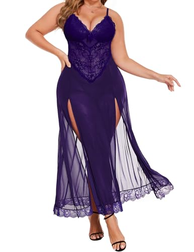 Image of Alrovetoney Plus Size Lingerie For Women Babydoll Sexy Mesh Maxi Nightdress Exotic Sleepwear Side Slits