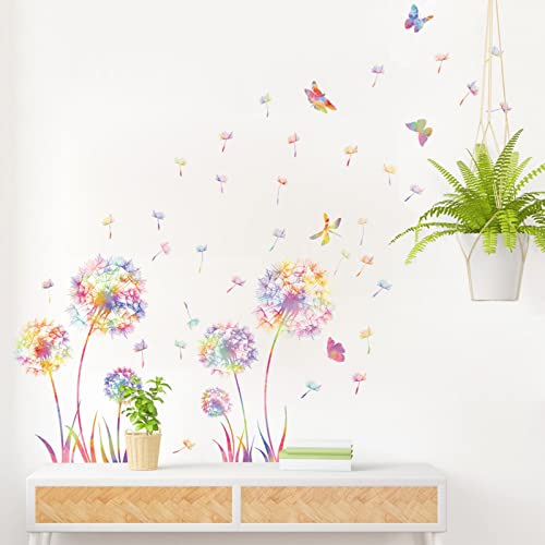 KAIRNE Wandtattoo Pusteblume,Blumen Wandtattoo für Kinderzimmer Mädchen,Bunt Wandsticker Löwenzahn für Schlafzimmer,Pflanzen Blumen Wandaufkleber für Wohnzimmer Babyzimmer Küche Fenster Tür Wanddeko