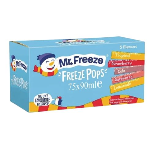 Mr Freeze Multipack Freeze Pops (75 x 90ml - full box) Assoerted Flavour Ice Lolly Snack - Raspberry Strawberry Cola Lemonade Tropical with Welari Thank You Card | (1 Pack)
