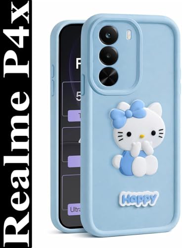 Image of AeoFit Cute 3D Cartoon Soft Silicone Back Cover for Realme P4x 5G - Stylish Design Slim Protective Case with Camera Protection for Realme P4x 5G (Blue)