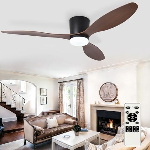 Image of Depuley Flush Mount Ceiling Fan: 52-Inch Black Ceiling Fans with Lights for Bedroom Indoor Outdoor - Low Profile Ceiling Fans with Remote Control 24W 3CCT Dimmable 3 Reversible Walnut Blades 6 Speeds