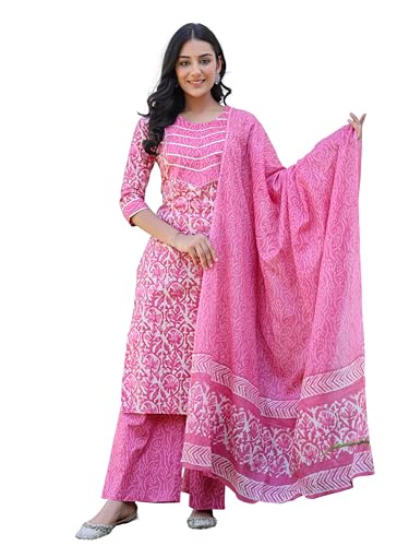 Image of Amayra Women's Pure Cotton Printed Straight Kurta Set with Palazzo Pants & Dupatta- Ethnic Wear