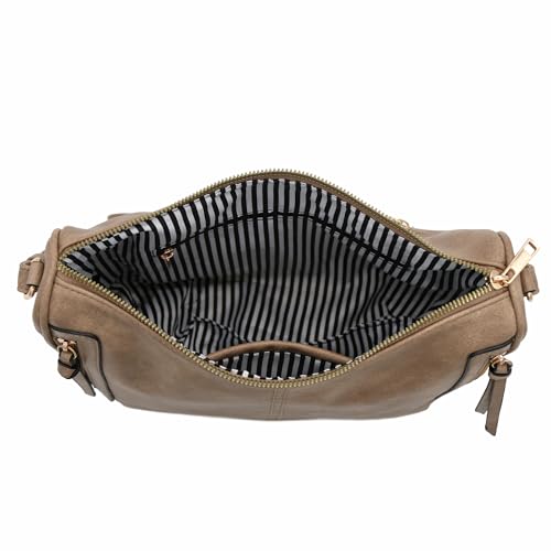 Image of Faux Leather Two Front Zipper Pocket Crossbody Saddle Bag (LightTaupe)