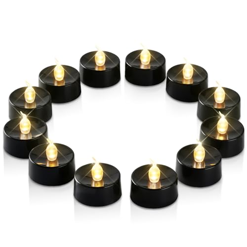Image of merrynights Black Candles, 24 Pack Tea Lights Candles Battery Operated, LED Tealight Candle, Flameless Votive Candle for Fall Holiday Decor, Theme Party -1.4 inch D X 1.3 inch H