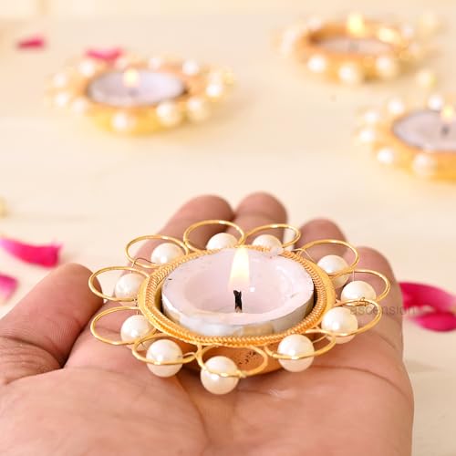 Image of Ascension Tealight Candle Holder Set of 4 Pearl Decorative Metal Diyas Tea Light Candles Holder Diya for Diwali Decor for Home Navratri Temple Festive Gift for Diwali Weddings & Housewarming