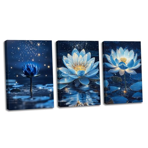 ZHOUWALLPIC Blue Lotus Flowers Canvas Wall Art 3 Panels Flower