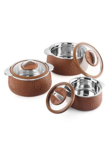 CELLO Royale Combo of 3 Casseroles with Insulated Stainless Steel and Glass Lid, Capacity - 600+1100+1600ml, Brown
