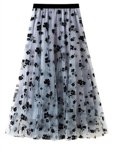 CHARTOU Women's Elastic High Waist Tulle Ruffle Pleated A-Line Swing Midi Skirt