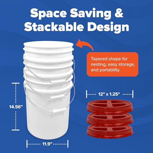 Image of ePackageSupply 5 Gallon Bucket - Food Grade w /Lid BPA-Free, White /Red, 6 | Airtight Gamma Seal Screw-On Lid, Heavy-Duty 90 Mil HDPE Plastic, Food Safe and Durable Container, Bulk Storage, Made in USA