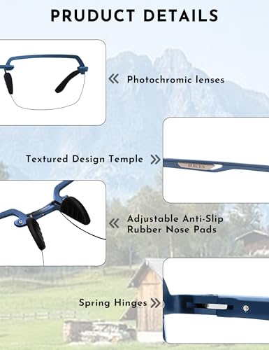 Image of BIRCEN Mens Metal Photochromic Sunglasses: UV Protection Al-Mg Sun Glasses Ultra-light Rimless Shades for Driving Cycling