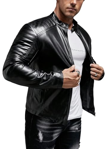 WDIRARA Men's Pu Leather Jacket Long Sleeve Zip Up Motorcycle Jacket Biker Coat