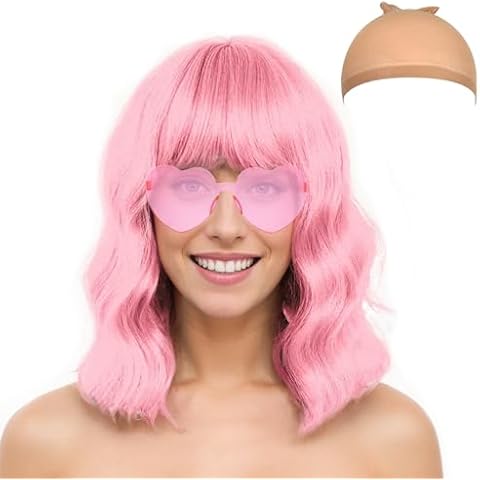 LIULIUBTY Chic Short Bob Wavy Wig for Women - Shoulder Length Loose Curly Synthetic Wig with Bangs - Uniquely Vivid Colored Cosplay Wig, Suitable for Costume Partie (Pink) Cover