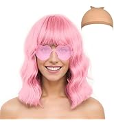 LIULIUBTY Chic Short Bob Wavy Wig for Women - Shoulder Length Loose Curly Synthetic Wig with Bang...