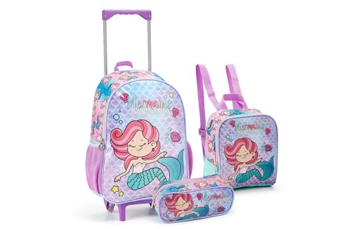 Kit Mochila Rodinha Menina Infantil Sereia Lancheira Estojo