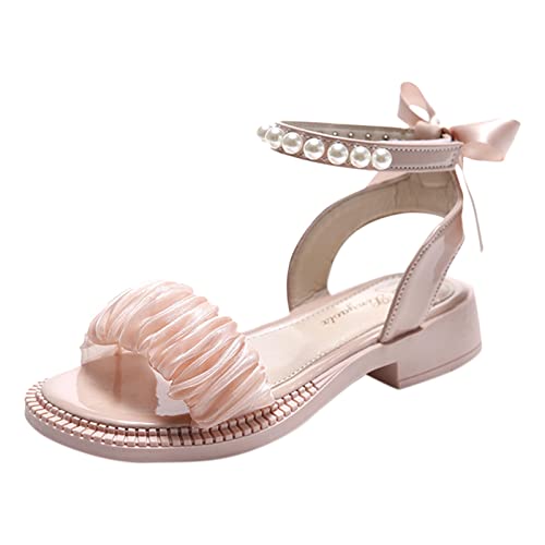 Girls Pearl Sandals Ankle Strap Lace Bowknot Kids Shoes Open Toe Low Heels Wedding Outdoor Summer