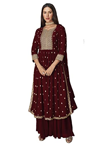 Xomantic Fashion Women's Ethnic Wear Nyra Cut Embroidery Kurti plazzo and Dupatta (Medium, Maroon)