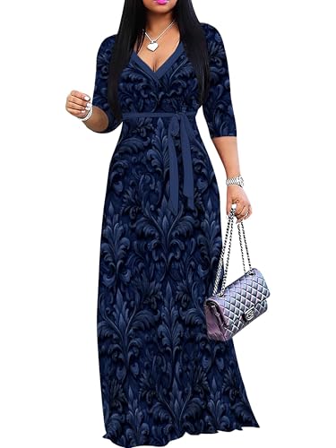 PinkPatty Women's Plus Size V Neck 3/4 Sleeve Wrap Maxi Dress with Belt(A-Navy Blue 2XL)