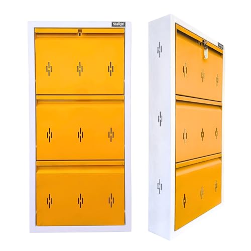 Image of 20 Inch Wall Mounted Metal Shoe Rack With Doors, Slim Space Saving Shoe Storage with Central Lock for Modern Home (Glossy Amber, 3 Door)