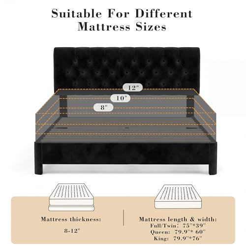 Queen Size Bed Frame with Headboard, Luxury Velvet Fabric Upholstered Bed frame with Button Tufted Design, Strong Wooden Slats Support - Low & Sturdy, Noise-Free, No Box Spring, Easy Assembly, Black by Vipbear - Used condition - Image 8