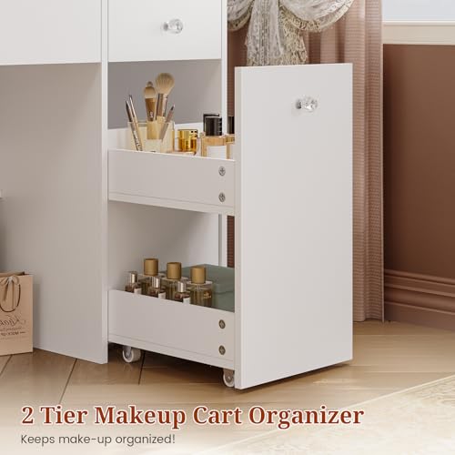 UPOSOJA 47.2“ Large Vanity Desk with Mirror and Lights,Power Outlet,7 Drawers,Pull-Out LED Mirror with 3 Light Modes,Brightness Adjustable,Rolling Makeup cart,Crystal Handles, hairdryer Rack,White - Thumbnail 5