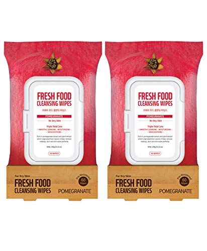 Face Wipes Makeup Remover Daily Simple Gentle Cleansing Cloth by Fresh Food for Skin (Pomegranate, 2pk Dry Skin (120 Count))