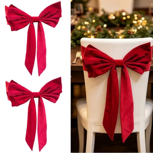 Rannyfol Red Christmas Chair Bow Sashes with Elastic Band Retro Chair Back Bowknot (2pcs A, 30 * 75cm/11.81 * 29.53 inches)