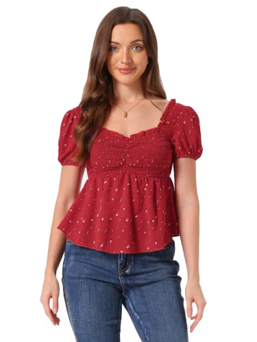 Image of Allegra K Floral Top for Women's Sweetheart Neck Shirred Ruffle Peplum Top