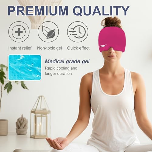 Image of EXQUISLIFE Migraine Headache Relief Cap, Gel Ice Head Wrap, Hot and Cold Therapy, Headache Eyes Mask for Sinus, Puffy Eyes, Tension and Stress Relief (Hot Pink)