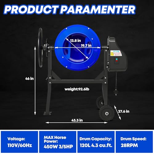 4.3 Cu.Ft. Concrete Mixer Machine, 450W 3/5HP Electric Cement Mixer Machine with Wheel and Stand for Stucco, Blue - Thumbnail 7
