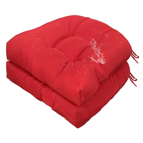Gnostik Waterproof Outdoor Chair Cushions Set of 2, Red Patio Chair Cushions with Ties,18.6" x 18.6" Tufted Outdoor Seat Cushions, Patio Furniture Replacement Cushions