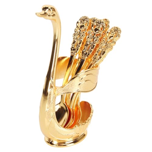 Restokki Coffee Spoon Set, Metal Swan Base Holder Dessert Spoon Organizer with 6pcs Spoons Teaspoon Dessert Flatware Set for Coffee Fruit Dessert Ice Cream Cake (Gold)