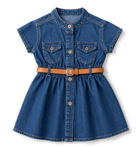 Image of Bold N Elegant Girl's Short Sleeve Front Open Stylish Cute Cotton Denim Dress Frock Tunic with PU Leather Belt and Pockets for Infant Toddler Baby Girls