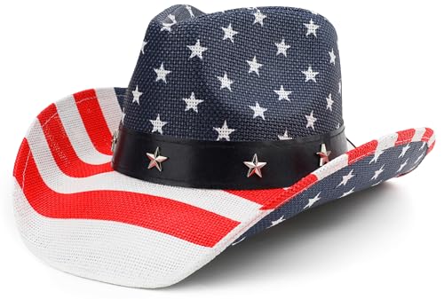 Melesh Unisex American Flag Cowboy Hat USA Falg Patriotic 4th of July Parade Western Cowgirl Hat (US Alpha One Size Red/White/Blue)