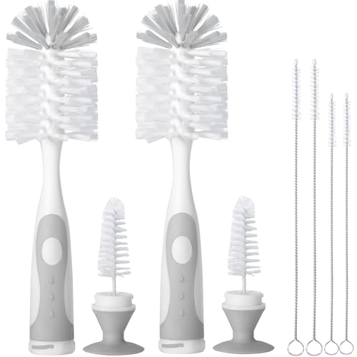 Image of CAREBABYMORE 2 Pack Baby Bottle Brush with 4 Pack Straw Brushes, 10.2" Nylon Brushe with Nipple Cleaner and Stand Suction Cup (Gray)