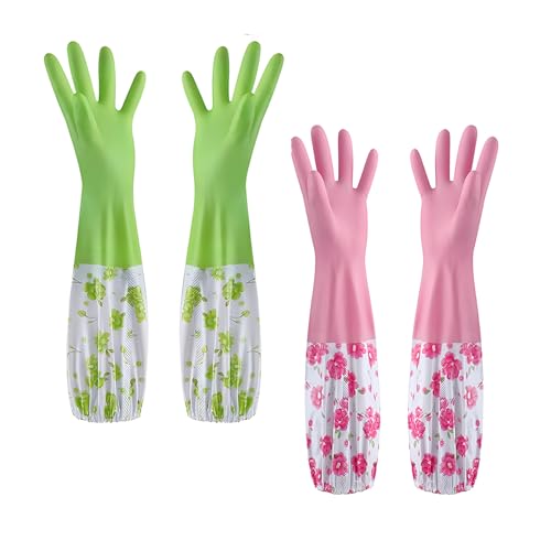 LHLZNB marigold gloves medium，washing up gloves–Household & Garden Chores, Weeding, Gardening,Washing, Cleaning & Dishwashing–Extra Protection Sleeves-Waterproof and Lined for Warmth (Pink+Green)