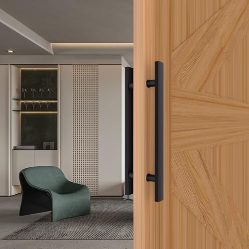 Image of 18 inch Matte Black Square Barn Door Pull Handle Double Sided | Heavy Duty 304 Stainless Steel, 11-6 /8 inch Hole Spacing, Fits 3 /4 inch-2 inch Thick Barn, Front Entry, Sliding & Exterior Doors