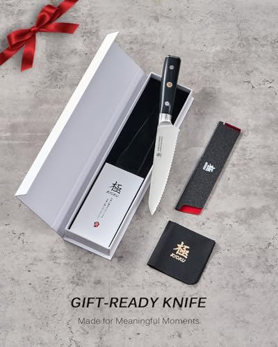 Image of KYOKU 5.5 in. Serrated Utility Knife, Samurai Series Japanese Utility Chef Knife with Pakkawood Handle, German 1.4116 Stainless Steel Full Tang Sandwich Tomato Knife with Protective Sheath & Gift Box