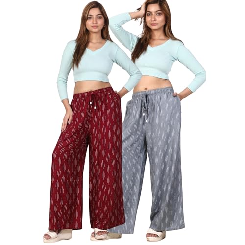 Image of Women's Cotton Rayon Flair Printed Pocket Regular Palazzo Pack of 2