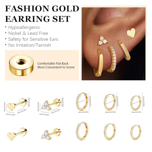 Image of SANNIDHI 5 Pairs Earrings Set for Women Girls Stylish Hypoallergenic Surgical Flat Back Stud Earring Stainless Steel Cartilage Earrings Combo for Multiple Piercing